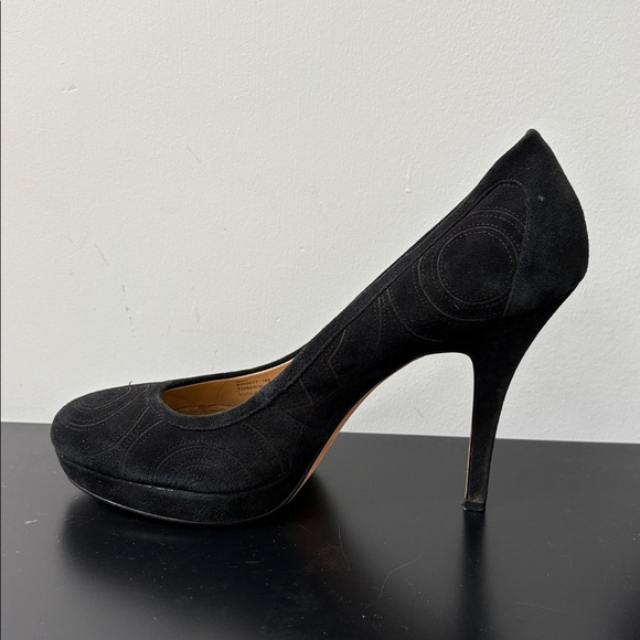 Coach Brigett suede logo stitched platform pumps heels stiletto black 10B - Picture 4 of 16